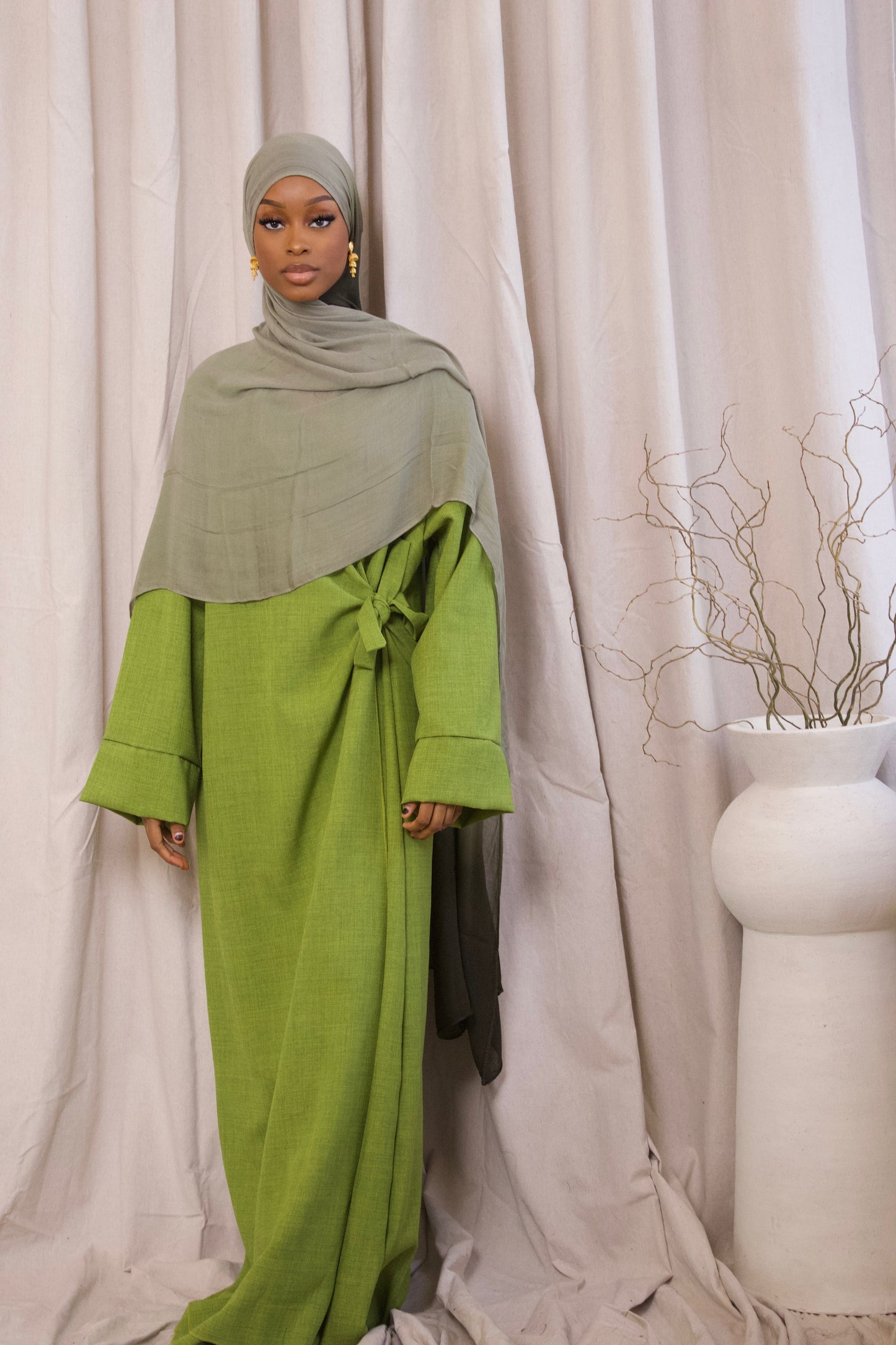Linen Wrap Abaya- Apple Green