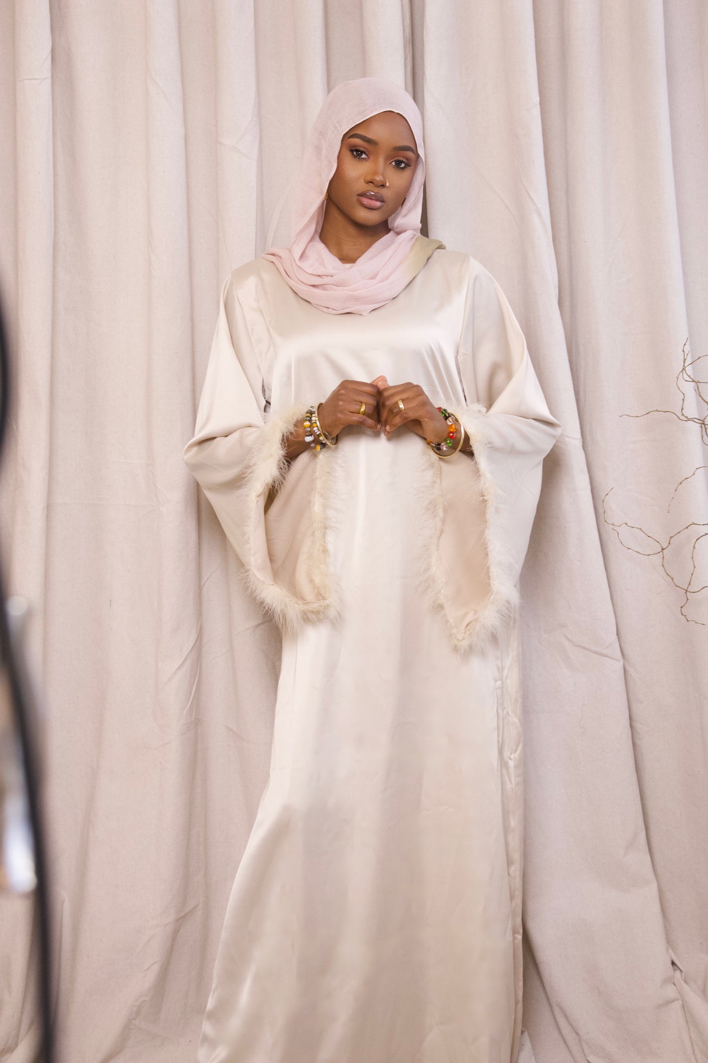 Feather sleeve abaya- Ivory grace