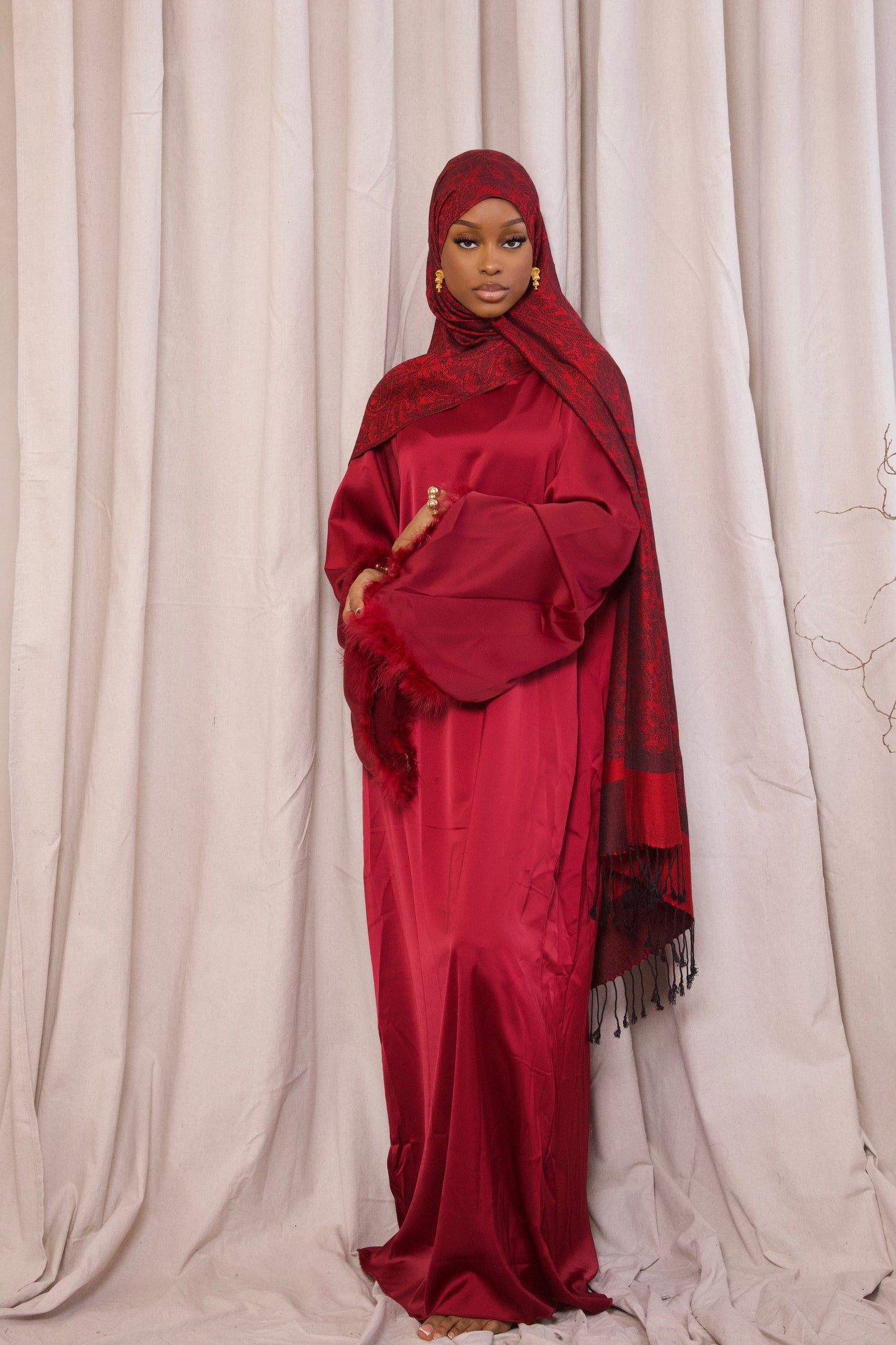 Feather sleeve abaya- Ruby