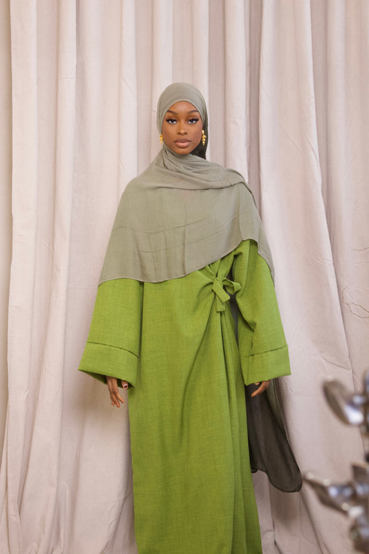 Linen Wrap Abaya- Apple Green