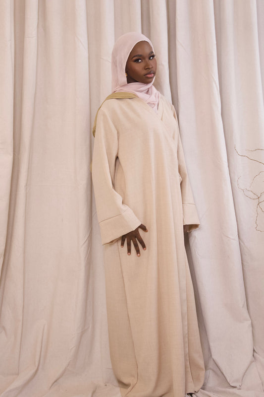 Linen Wrap Abaya- Cream
