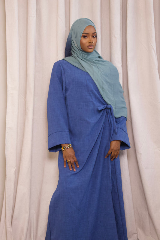 Linen Wrap Abaya- Blue Jeans