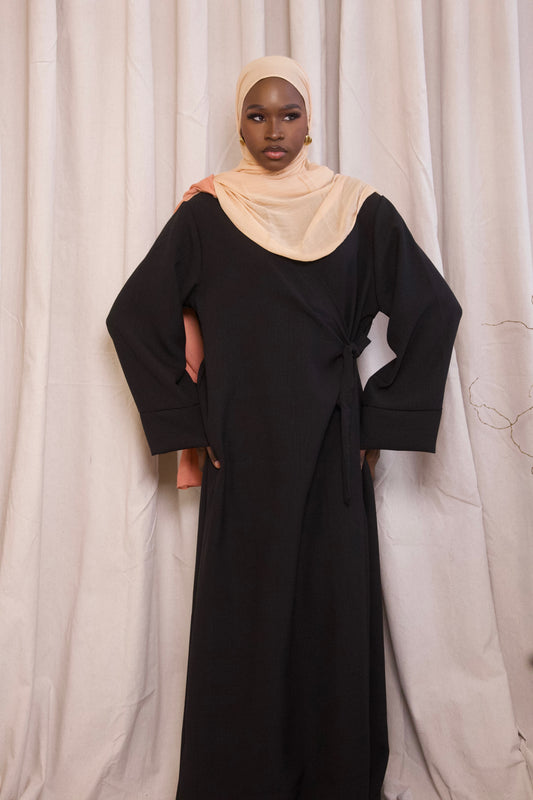 Linen Wrap Abaya- Black
