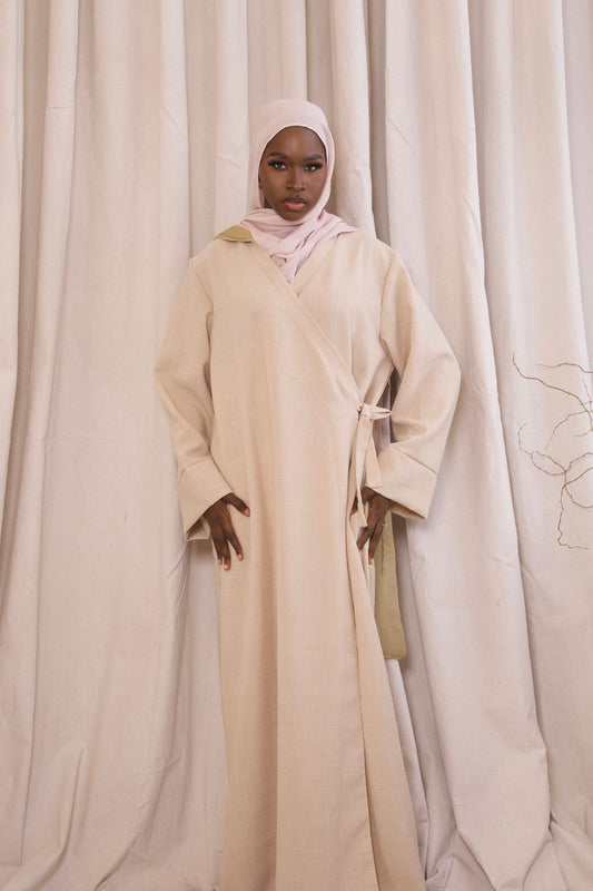 Linen Wrap Abaya- Cream